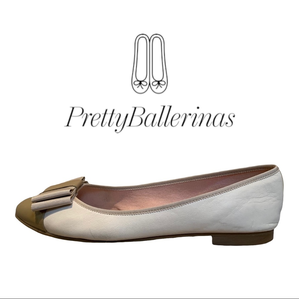 Pretty Ballerinas Cream & Khaki Ladies Ballet Flats with Bows Size 41 EU, 9 US
